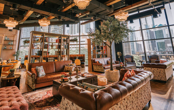 istock Luxury classic interior lounge lobby reception with leather sofa book shelf 1422245058