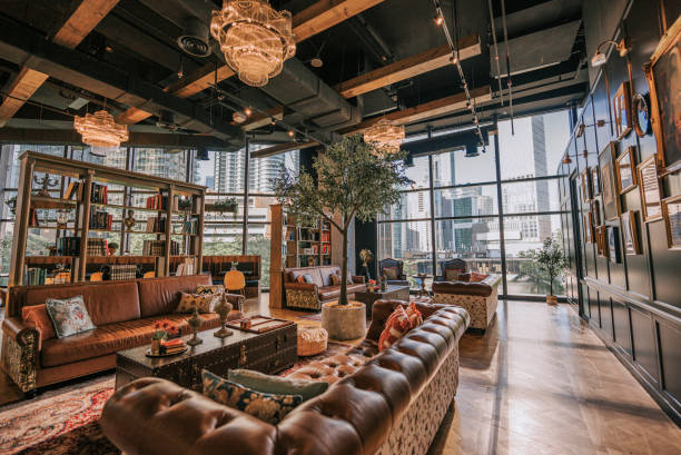 istock Luxury classic interior lounge lobby reception with leather sofa book shelf 1422245078