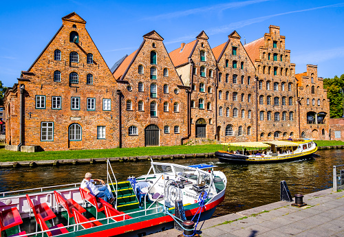 Lübeck, Germany - September 4: historic buildings at the old town of Lübeck on September 4, 2022