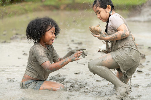 Children have fun playing in the mud in the community fields and catching a frog in a muddy field. with parents watching from a distance