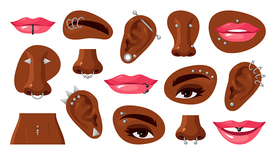 Piercing on dark skin woman face and body set vector flat illustration. Mixed race female facial parts metallic rings earrings barbell cone accessory. Black skinned ears lips mouth eyebrows nose belly