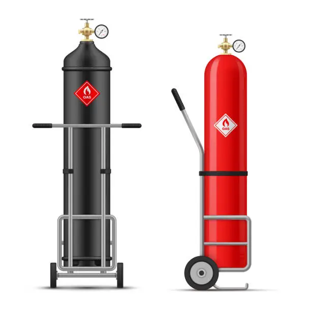 Vector illustration of Gas cylinders on trolley dangerous red and black containers set realistic vector illustration