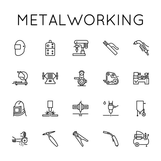 bildbanksillustrationer, clip art samt tecknat material och ikoner med metalworking icon set. welding, sharpening, grinding, drilling, cutting, sandblasting, grooving, cleaning, plasma, laser, grinder, hydro, compressor, gas, machine tool, turning works. - elektrod