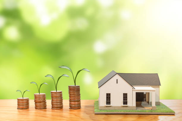 istock Coin stack with tree growth and house model on nature green background sun lighting from corner on wood table plate 1422250262