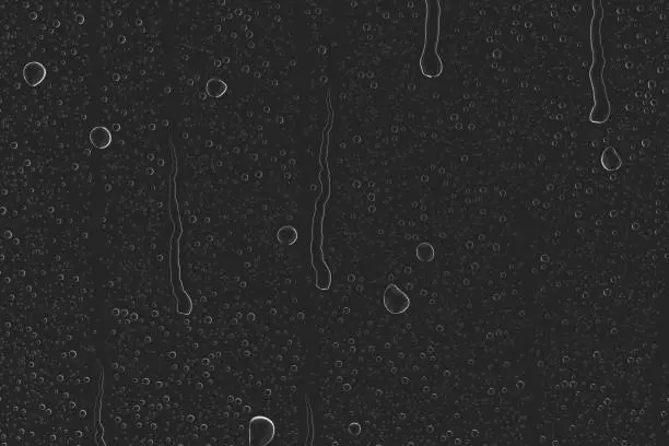 Clear water drops, condensation or rain droplets isolated on black glass background. Realistic pure aqua blobs pattern, dew on dark window surface, wet fluid texture. 3D render illustration
