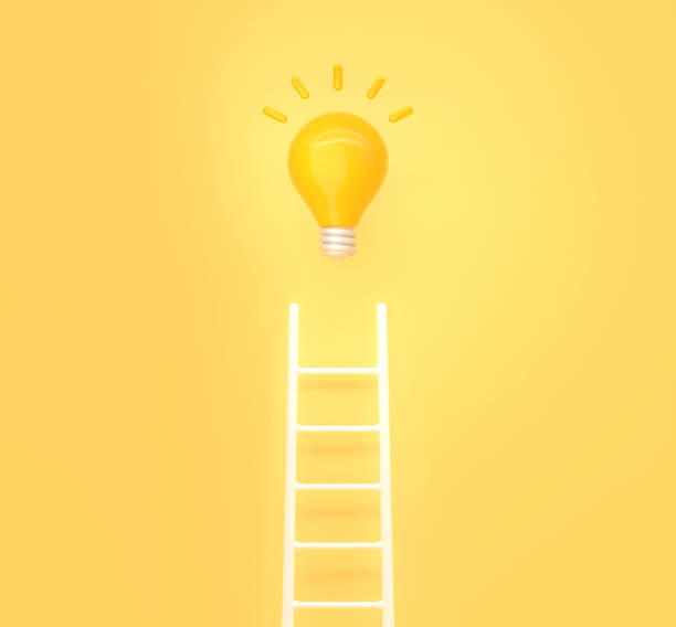 istock Bright light bulb on top of staircase, 3D render. Business innovation, creative idea, thinking or brainstorm. Concept of success, climbing career ladder or goal achievement 1422250518