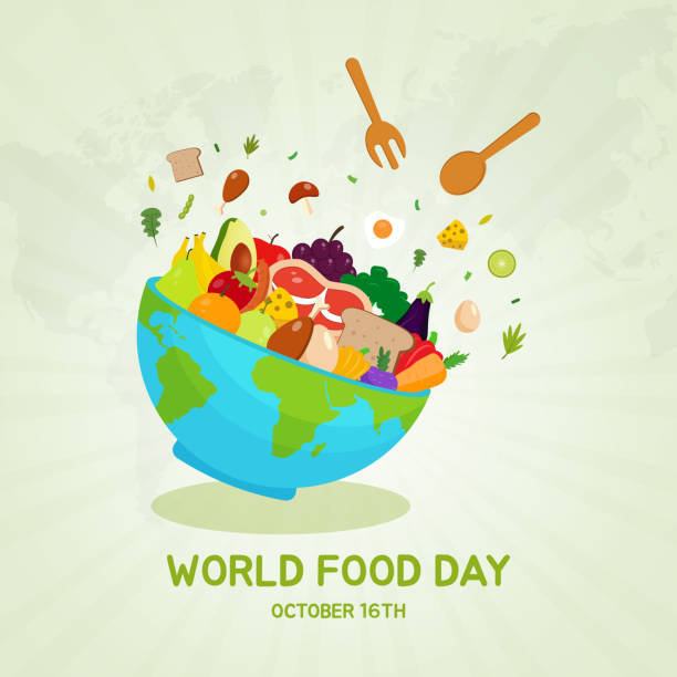 Ilustración de Día Mundial De La Alimentación 16 De Octubre Con Mapas Tazón  Tenedores Cuchara Comidas Frutas Y Verduras Ilustraciones Sobre Fondo  Aislado y más Vectores Libres de Derechos de Día Mundial