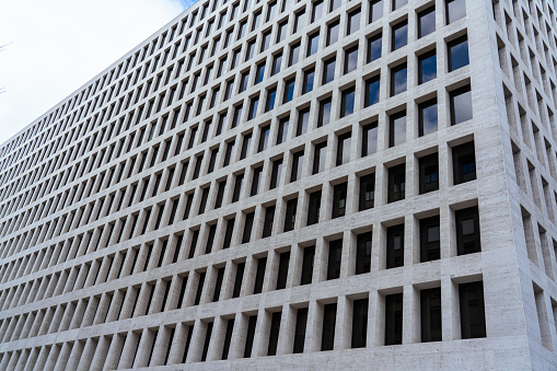 Brutalist government building with many windows in Washington D.C.