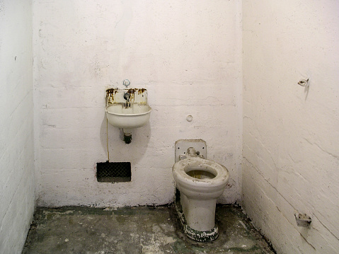 San Francisco, United States,  September 2004: a very basic toilet in one of the cells in Alcatraz