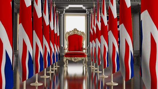 3D render of UK throne, queen throne with UK flag in the background, 3D render