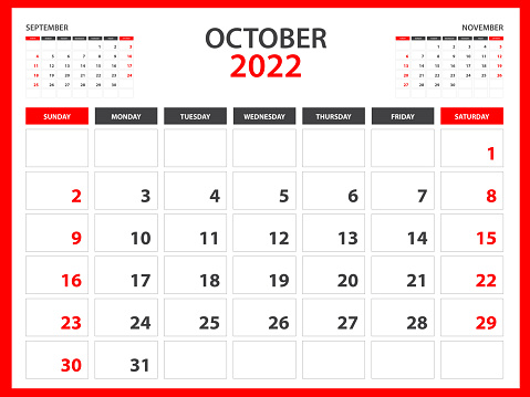 Monthly calendar template for 2022 year - October 2022  year, Week Starts on Sunday, Desk calendar 2022 design, Wall calendar, planner design, stationery, printing media, red background, vector