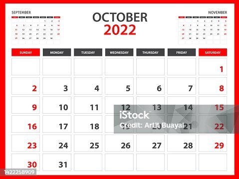 istock Monthly calendar template for 2022 year - October 2022  year, Week Starts on Sunday, Desk calendar 2022 design, Wall calendar, planner design, stationery, printing media, red background, vector 1422258909