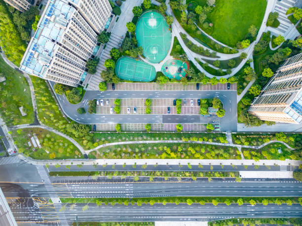 istock Residential parking lot and stadium in drone view 1422259316