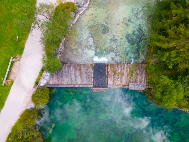Schiederweiher in Hinterstoder top bottom drone aerial view to small dam and flowing water