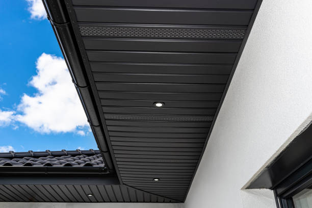 istock A modern graphite herringbone roof lining is attached to the trusses, visible turned on LED lights. 1422261106