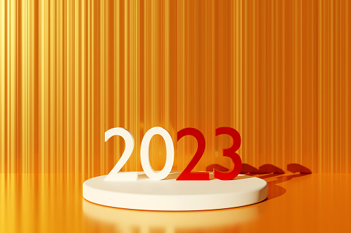 2023 new year concept, 2023 number on the gold product presentation pedestal podium with neon lighting