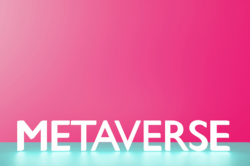 Metaverse word standing on the colored background with copy space and reflection