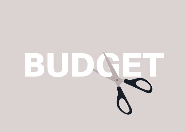 Scissors cutting a budget sign, financial crisis, cost control Scissors cutting a budget sign, financial crisis, cost control budget cut stock illustrations