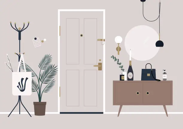 Vector illustration of A decorated apartment entryway, a door secured with a chain guard, a coat rack, and a mirror on the wall