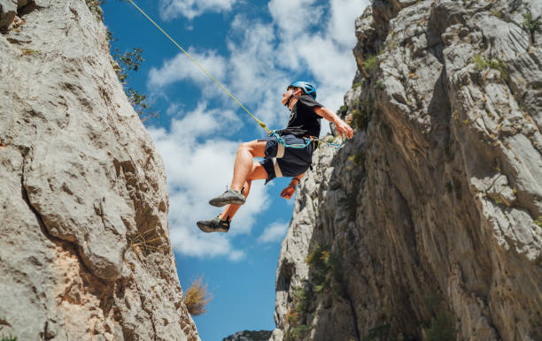 istock Climber teenager boy in protective helmet abseiling from vertical cliff rock wall using rope Belay device, climbing harness in Paklenica canyon in Croatia. Active extreme sports time spending concept 1422267721