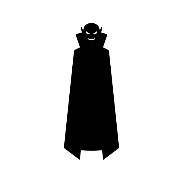 Sinister vampire in long cloak silhouette Sinister vampire in long cloak silhouette. Creepy black monster with fangs smiles while hanging in air. Descendant of powerful dracula who went hunting for vector people vampire stock illustrations