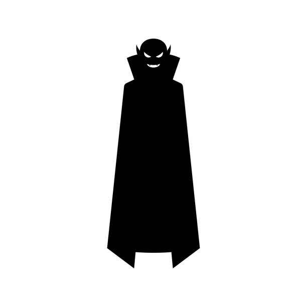 Sinister vampire in long cloak silhouette Sinister vampire in long cloak silhouette. Creepy black monster with fangs smiles while hanging in air. Descendant of powerful dracula who went hunting for vector people count dracula stock illustrations
