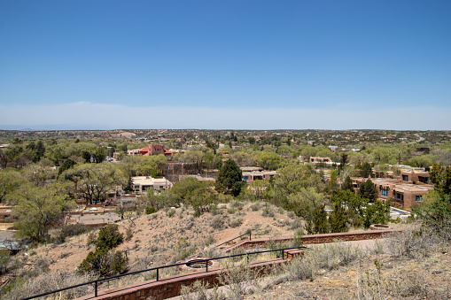 View of the historic city of Santa Fe, New Mexico on a sunny spring day