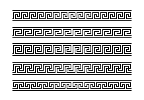 Greek key ornaments collection. Meander pattern set. Repeating geometric meandros motif. Greek fret design. Ancient decorative border. Vector decoration