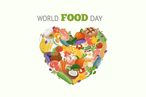 World Food Day. Different fresh food are laid out in shape of hearton banner or greeting card. Vector illustration.