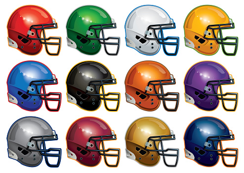 Vector illustration of different team colored modern football helmets.