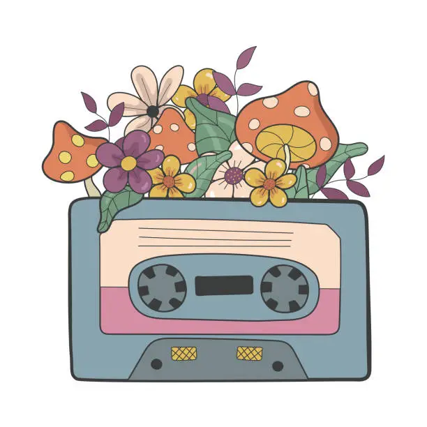 Vector illustration of Beautiful old music cassette with flowers. Lineart. Doodle. Vector illustration.