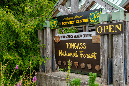 Ketchikan, Alaska - July 29, 2022: Tongass National Forest sign in Ketchikan Alaska.