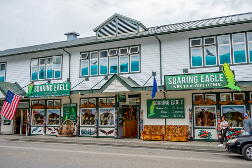 Ketchikan, Alaska - July 29, 2022: Views of the historic wooden buildings in the popular cruise destination of Ketchikan. Salmon Market.