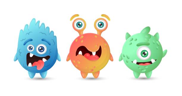 sammlung von bunten runden lustigen monstern. blaue, orange, grüne aliens - green monster stock-grafiken, -clipart, -cartoons und -symbole