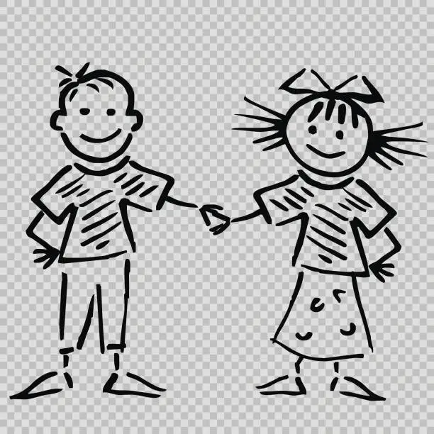 Vector illustration of People, boy and girl, black line art, transparent background, eps.