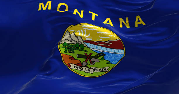 close-up view of the montana state flag waving - montana flag us state flag banner imagens e fotografias de stock