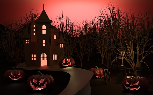 Carved pumpkins for Halloween on the road of a castle or a mansion in a creepy forest scene at night. Easy to crop for all your social media and design need.
