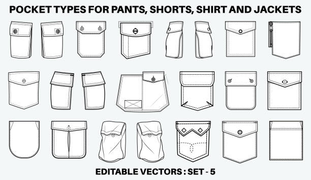 Patch pocket flat sketch vector illustration set, different types of Clothing Pockets for jeans pocket, denim, sleeve arm, cargo pants, dresses, bag, garments, Clothing and Accessories Patch pocket flat sketch vector illustration set, different types of Clothing Pockets for jeans pocket, denim, sleeve arm, cargo pants, dresses, bag, garments, Clothing and Accessories bellows stock illustrations