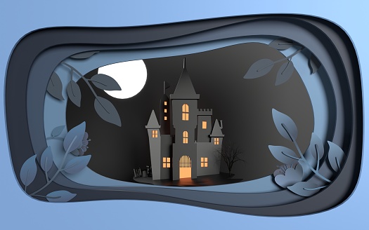 Paper craft creepy castle background design for Halloween against creepy castle background design. Easy to crop for all your social media and design need.