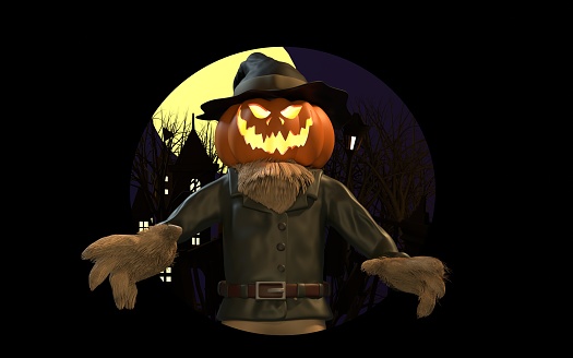Creepy carved pumpkin for Halloween in scarecrow costume against black background. Easy to crop for all your social media and design need.