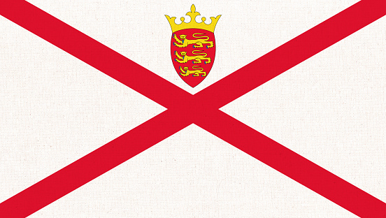 Flag of Jersey. Bailiwick of Jersey flag on fabric surface. Bailiwick of Jersey national flag on textured background. Fabric texture. Island country. 3D illustration