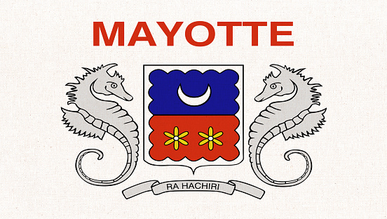 Flag of Mayotte. flag of Mayotte island on fabric surface. Mayotte symbol on textured background. Fabric texture. Island country. 3D illustration. overseas department