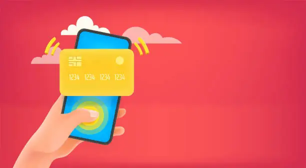 Vector illustration of Man using credit card for payment via smartphone. Vector banner with copy space