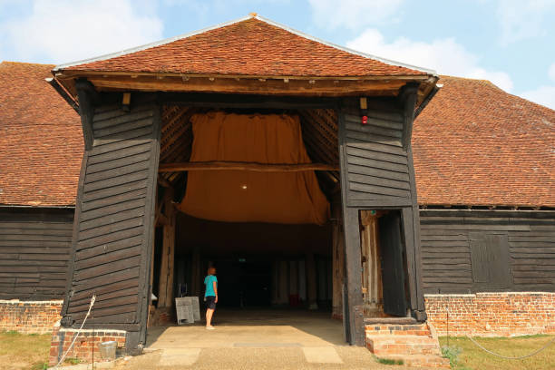 Woman in entrance to medieval grain storage barns at Cressing Temple, Essex Cressing Temple, Essex, United Kingdom, Woman in entrance to large medieval Knights Templar grain and cereal, wheat and barley, storage barns. Outdoors on a summers day. braintree essex photos stock pictures, royalty-free photos & images