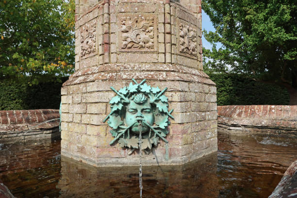 Water feature design detail from medieval to Tudor Elizabethan Knot Garden. Cressing Temple, Essex Cressing Temple, Essex, United Kingdom, August 17, 2022. Water feature design detail from formal walled Garden. Medieval to Tudor, Elizabethan Knot Garden. Outdoors on a summer day braintree essex photos stock pictures, royalty-free photos & images