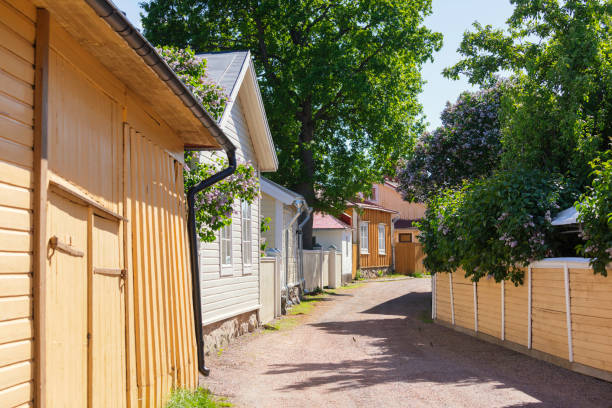 An old street with wooden houses in the coastal town of Tammisaari / Ekenäs in the Raseborg municipality, Finland.