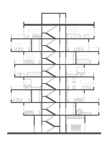 Linear architectural section plane - multistory appartment building with furniture