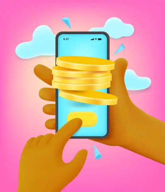 Vector illustration of Man mining money via smartphone. 3d style vector illustration