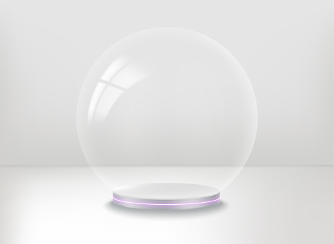 Empty white showcase with transparent glass sphere. 3d vector presentation mockup