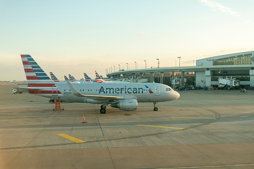 American Airlines Airbus A319 aircraft with registration N8031M parked on tarmac at Dallas/Fort Worth International Airport in March 2022